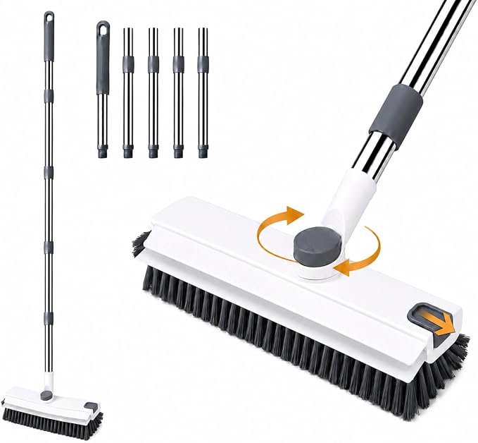 3-in-1 Floor Scrub Brush with Long Handle, Stiff Bristles & Squeegee | Stiff PP bristles, V-shaped corner brush, and silicone squeegee for shower tile, concrete, patios, and garages