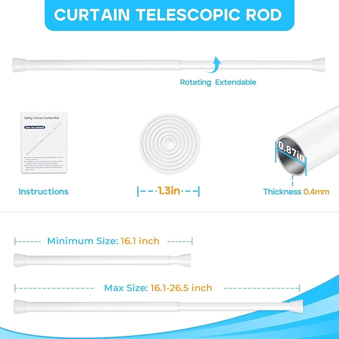 White Small Tension Curtain Rod 16-26 Inch,7/8" inch Adjustable Short Curtain Rod No Drilling,Spring Curtain Rod for Windows Kitchen Closet Doorway
