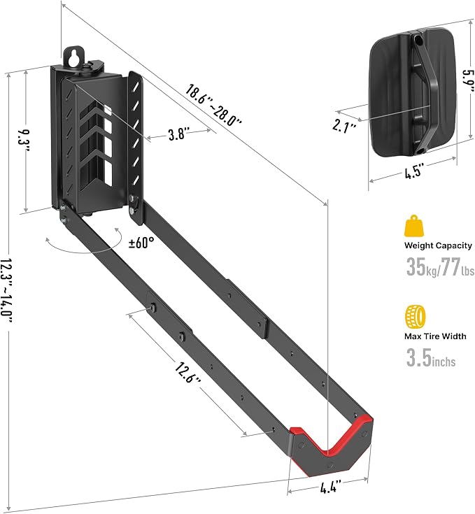 monTEK No-Lift Swivel Bike Wall Mount, Bike Hangers for Garage, 4 Pack | Space-saving bike storage rack pivots 120°; 4 settings fit 16-29 in wheels and tires up to 3.54 in wide; holds 77 lb each
