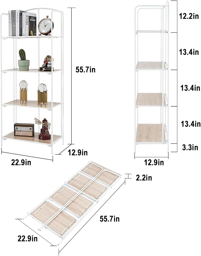 Crofy 4-Tier Foldable Bookshelf, White Frame & White Oak Shelves | No-Assembly Collapsible Portable Storage Organizer; Sturdy White Oak Finish Shelves; Ideal for Living Room & Home Office