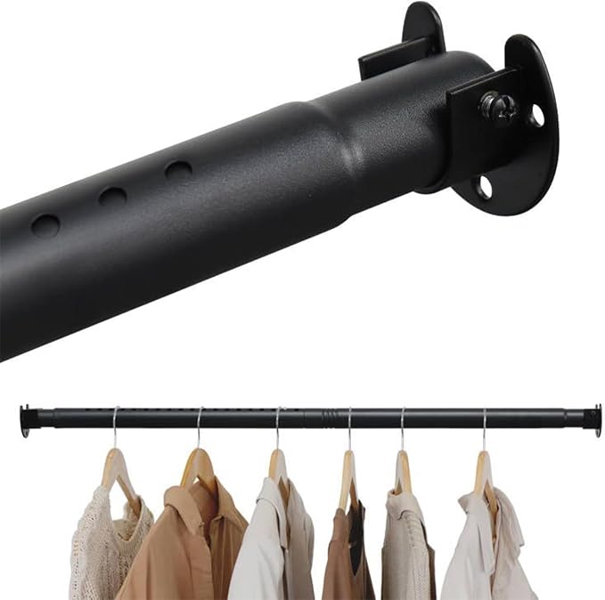 Closet Rods for Hanging Clothes, 16 to 84 Inches Closet Rod, Black Closet Hanging Rod, Adjustable Rod for Closet to Hang Clothes Heavy Duty Clothing poles for Closet, Wardrobes, Laundry, RV