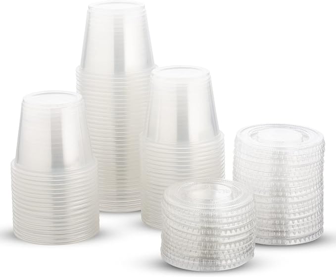 DuraHome Plastic Portion Cups with Lids 4 oz. & 5.5oz. Combo Pack of 150 Leakproof Jello Cup Mini Containers for Salad Dressing Sauce Condiment Snack Souffle and Salsa, Disposable, Interchangeable