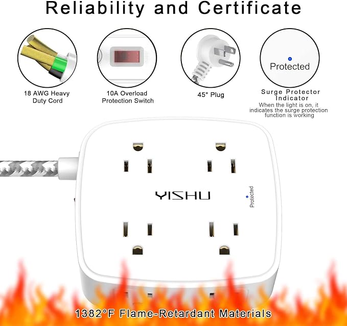 Surge Protector Power Strip - YISHU 8 Outlets with 4 USB (2 USB C) Charging Ports, 5Ft Braided Extension Cord, Flat Plug Multi Plug Outlet Extender Charging Station for Home Office, ETL, White