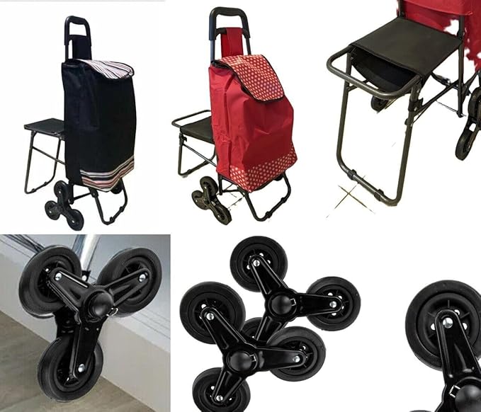 6 Wheel Shopping Trolley Folding Black Tri Wheel Stair Climbing or Curb with seat 96 x 43 x 27cm Canvas Waterproof Bag