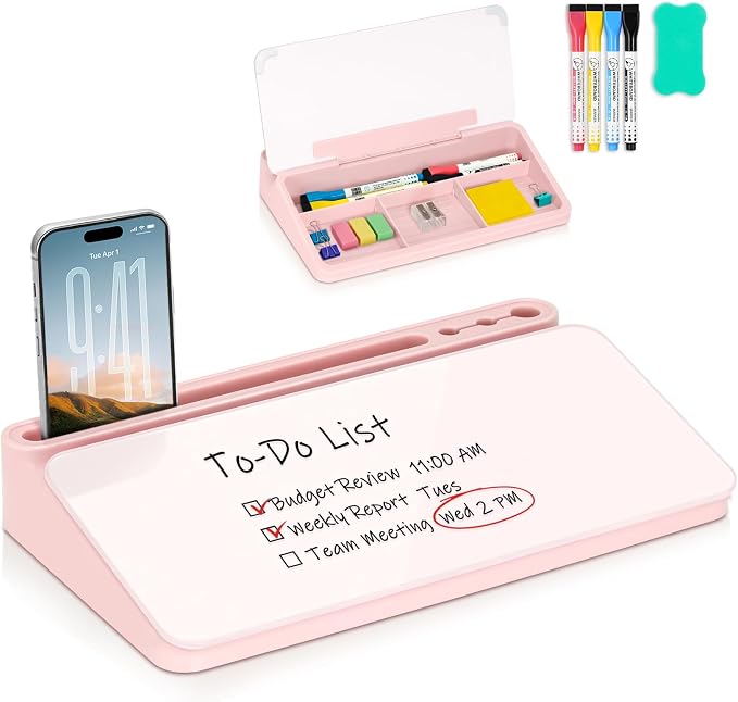 Small Desktop Glass Whiteboard with Storage, Desk White Board Stand Pink | Computer Keyboard Stand, Office Desk Organizers and Accessories with Drawer, To Do Memo Notepad, Home School Supplies
