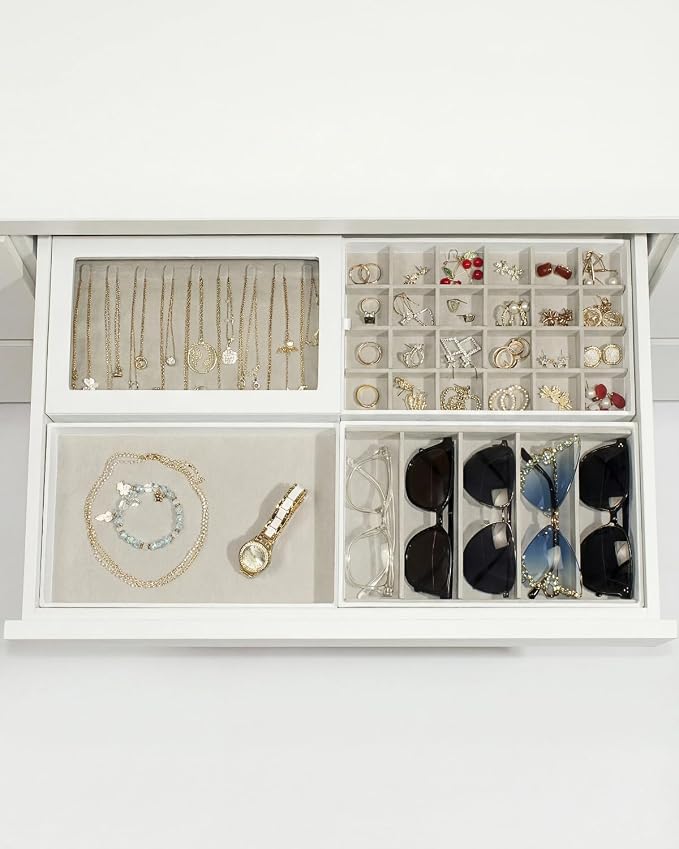 4-Layer Stackable Jewelry Organizer Trays with Tempered Glass Lid, White PU Leather Jewelry Drawer Inserts Display Case, Large Storage Box for Earring Necklace Ring Sunglasses