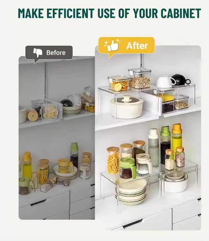 Clear Acrylic Shelf Organizer Set of 4 - Stackable Cabinet & Countertop risers for Kitchen, Pantry, Bathroom & Vanity Storage - Minimal, Space-Saving Design
