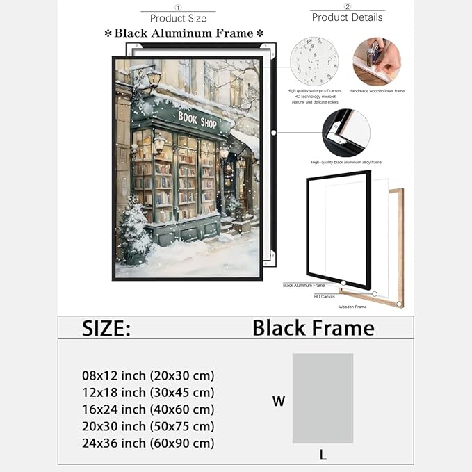 Winter Book Shop New York Book Lover Art Aesthetic Poster Canvas Wall Art Decoration Living Room Home Decor Bedroom Decoration Poster black framed24x36inch