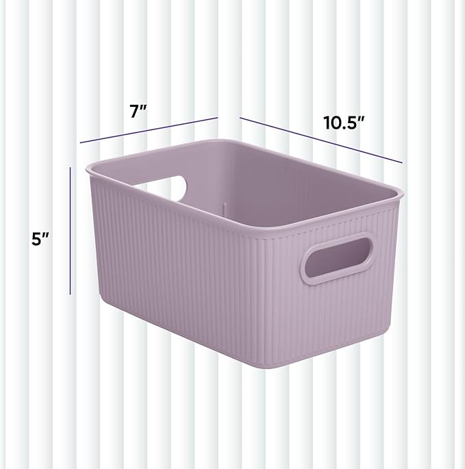 Superio Ribbed Collection - Decorative Plastic Basket Open Home Storage Bins Organizer, Medium Lilac Purple (2 Pack) Container Boxes for Organizing Closet Storage Bins for Shelves 5 Liter
