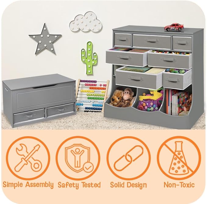 Badger Basket Combo Toy Storage Organizer and Bookshelf - Kids Storage Unit with 3 Removable Baskets, Open Shelves, Top Display Surface - Gray
