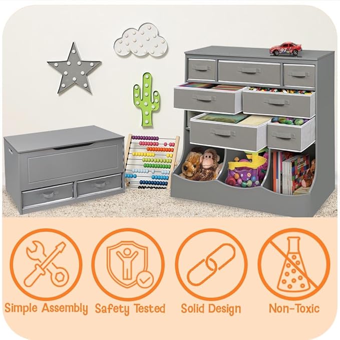 Badger Basket Flat-Top Toy Storage Chest in Grey with Charcoal Lid– Spacious, Safe Toy Box with Dual Safety Hinges and Anti-Pinch Slot