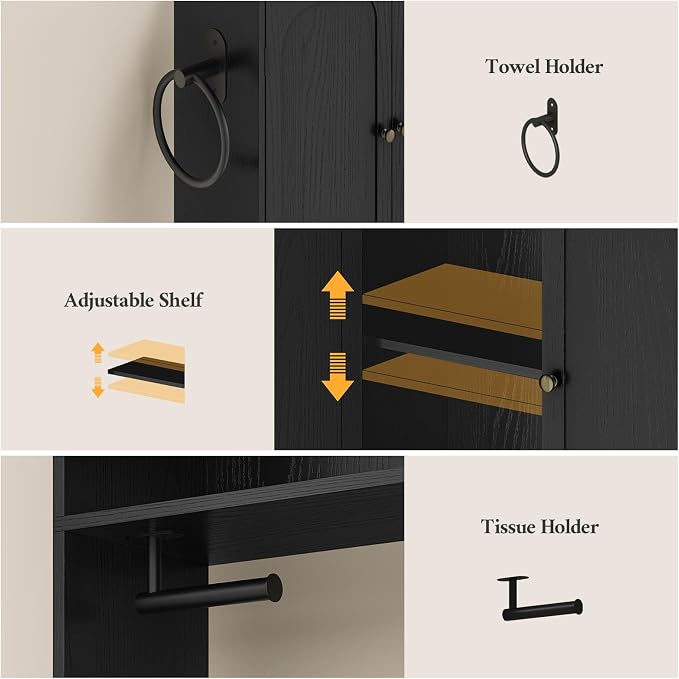 7-Tier L-Shaped Wooden Over the Toilet Storage Cabinet with Doors, Modern Over Toilet Bathroom Organizer Shelf with 2 Large Drawers, Bathroom Over Toilets Storage Cabinet, Space Saver, Black
