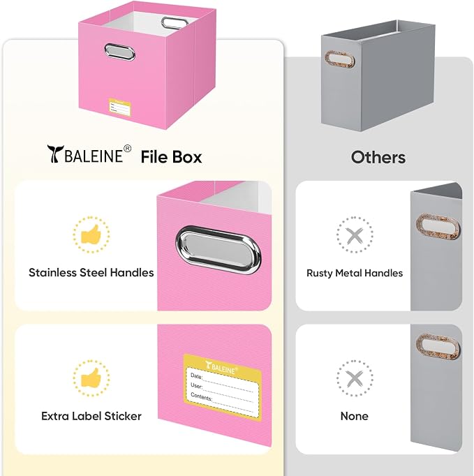 BALEINE File Organizer Box, Cardboard File Folder Organizer with Handle for Letter Size, Portable Collapsible Hanging Filing Box for Home Office Document Storage (4 Pack, Large Pink)