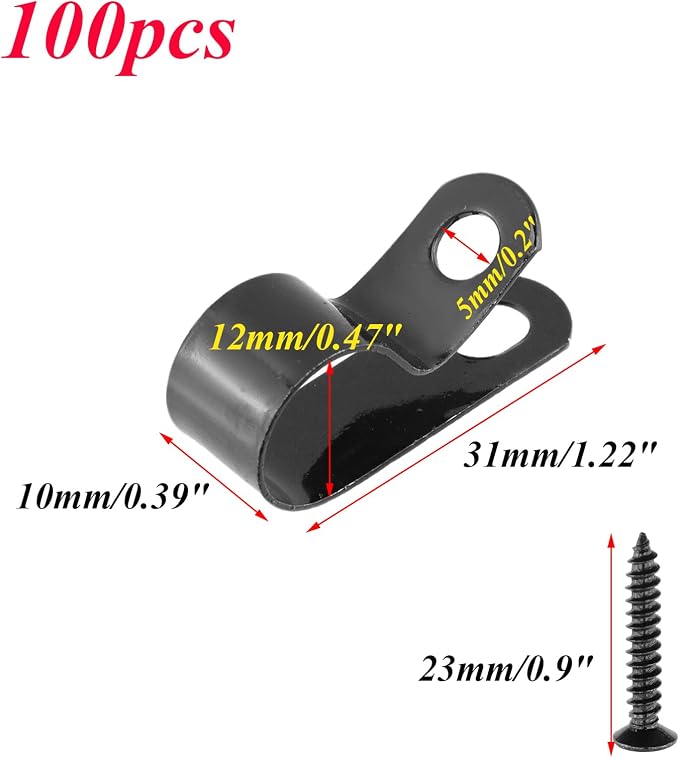 Antrader 100Pcs 0.47 Inch R-Type Fence Wire Clamps with Screws,Black | 12mm Agricultural Fencing Mounting Clips, Cable Management Cord Organizer for Vinyl, Wood or Metal Fence