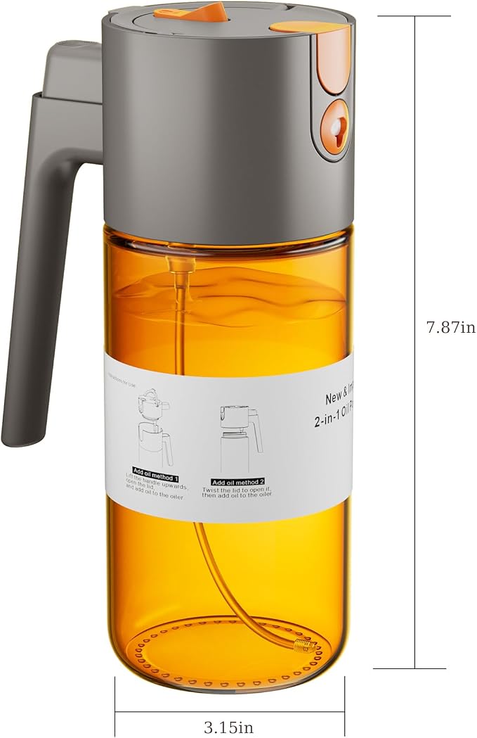 LAKUMIQI 2 in 1 Oil Sprayer & Dispenser, 17 oz Light-Blocking Glass Bottle | Large Capacity, Wide-Mouth for Easy Pouring and Cleaning, Leak-Proof Oil Bottle with Stickers for Salads, Air Fryers, BBQ