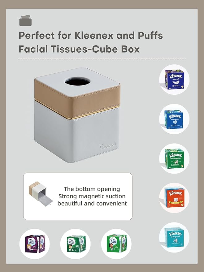Tissue Box Holder Cover Square, Modern PU Leather Decorative Tissue Cube Holder Organizer-Apricot Cream