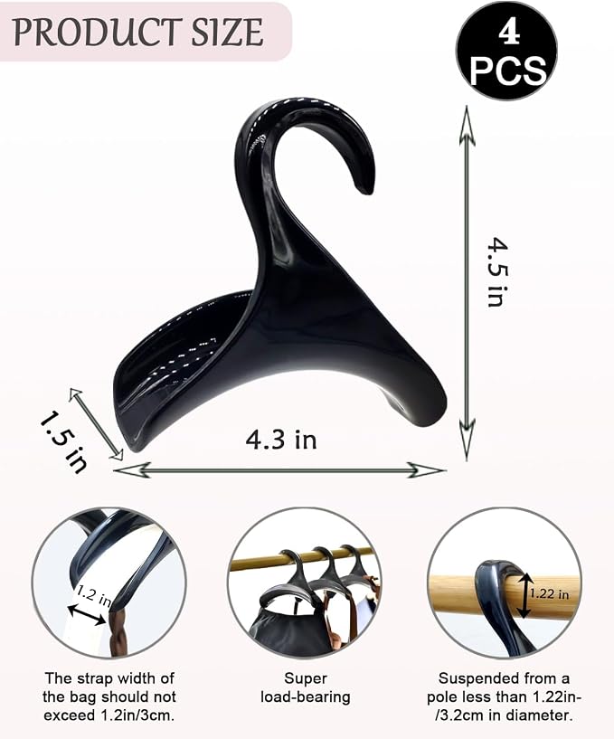 Purse Hanger, Purse Holder for Closet Black Backpack Hanger Hook for Organizer Storage Purses Tote Bag Backpacks Handbags(4 Pack)
