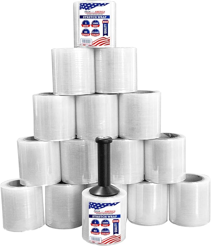 Pack of America Mini Stretch Film - 16 Rolls with Handle, 5” x 1000 Feet, 80 Gauge (20 Micron) Industrial Heavy Duty Plastic Shrink Wrap and Dispenser for Packing, Shipping, Pallet, Moving Supplies