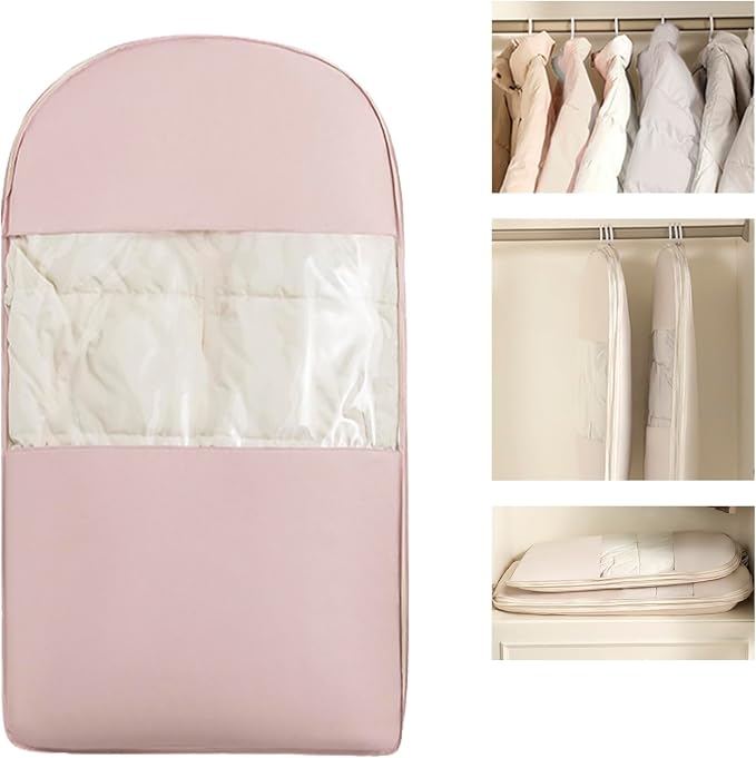 Space Saving Hanging Garment Bag with Compression Zipper. | For Closet Storage, Garment Bag for Coats and Down Jackets.(Pink，S)