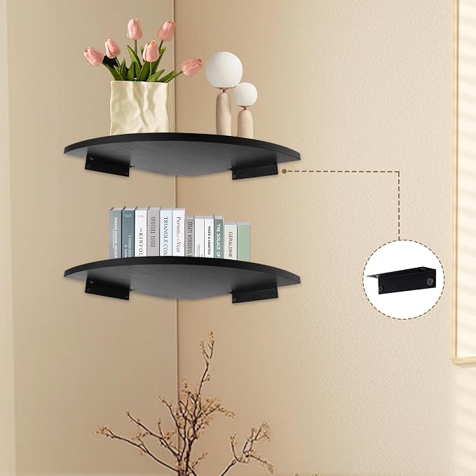 JJL Corner Shelf Wall Mounted, 12 Inch Wood Floating Corner Shelves with Wire Hole, Set of 4 Circular arc Corner Shelf for Bedroom Corner Decoration, Black