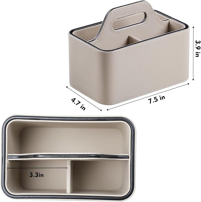 PU Leather Remote Control Holder, Desk Caddy Organizer with Handle Beige | 3 Compartments Portable Remote Organizer, Remote Caddy Bedside Holder for Office Storage Supply Organizer