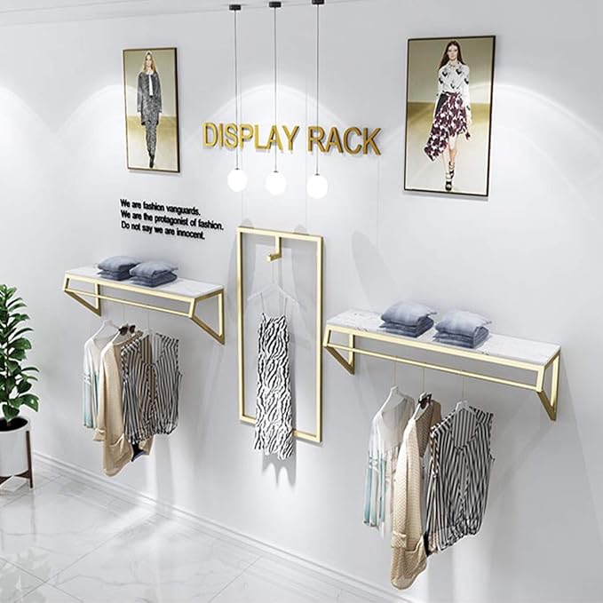 Modern Simple Men's and Women's Clothing Store Heavy Duty Metal Display Shelf,Wall-Mounted Garment Rack with Wood,Clothes Rail,Bathroom Hanging Towel Rack (Gold Square Tube, B-57 L)
