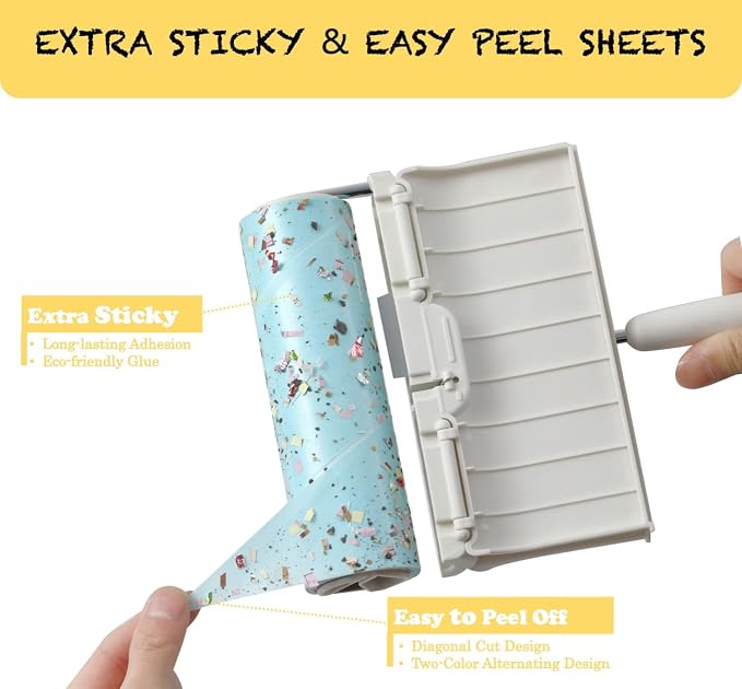 Lint Roller Refills 6.3", 240 Sheets, Extra Sticky, Two-Color Easy Tear-Off | 4-pack, 60 sheets each. Diagonal Cut, Two-Color Alternating Design for pet hair, dust, lint on clothes, sofas, and cars.