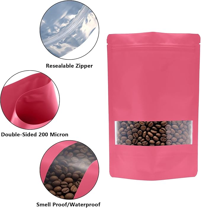 100PCS Foil Pouch Mylar Bags with Clear Window,ULIFESTAR Stand Up Sealable Bags with Tear Notches,Resealable for Food,Party Favors,Gift Packaging and Small Business(16 * 24cm/6.3 * 9.45",Pink)