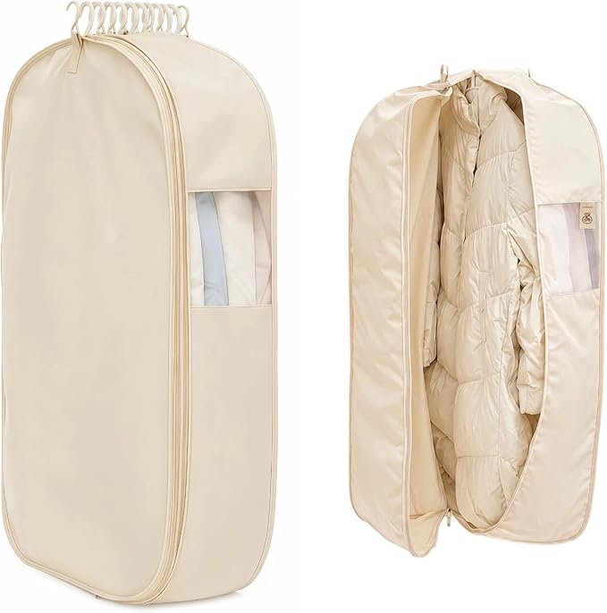 Space Saving Hanging Garment Bag, Compression Zipper for Coats & Jackets | Hanging storage keeps clothes visible and easy to find; holds 12-15 coats or 20-25 light garments; no pump needed.