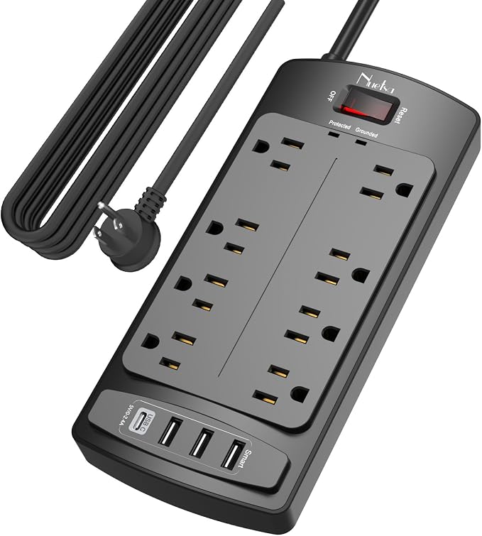 Surge Protector Power Strip - Nuetsa Flat Plug Extension Cord with 8 Outlets and 4 USB Ports, 15 Feet Power Cord, 2700 Joules, ETL Listed, Black