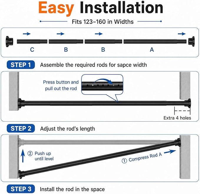 ALLZONE Tension Curtain Rod for Windows, 123 to 160 Inch, Heavy Duty Extra Long Curtain Rods, Non-Slip Bathroom Shower Tension Rod, Renter Friendly, Adjustable, Spring Loaded, Black