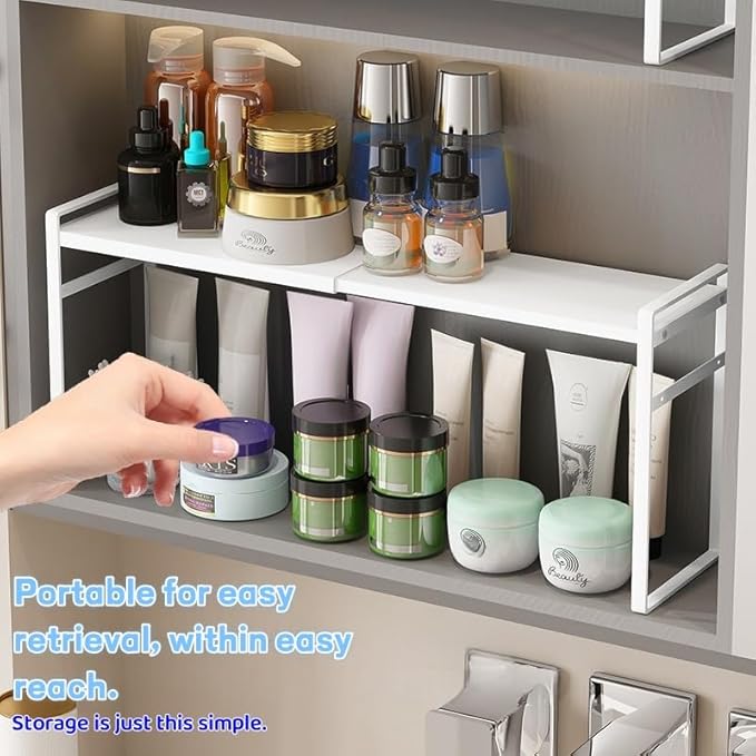 Small Expandable Medicine Cabinet Shelf, 3.58” Wide Metal Storage Stand with Adjustable Layers & Non-Slip Pads for Kitchen, Pantry, & Bathroom – White