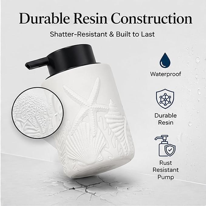 Resin Soap Dispenser, Coastal Starfish & Seashell, 12 oz | Refillable bathroom soap dispenser with durable resin body and coastal starfish and seashell design for hand soap or lotion