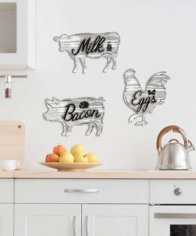 Putuo Decor Kitchen Wall Decor Sign Set Eggs Bacon Milk Rustic Farmhouse Food Theme Wall Art for Home Kitchen Dining Area Apartment Decor