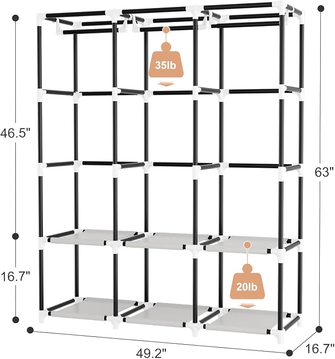 Portable Closet with Cover, 3 Hanging Rods and Side Pocket, Sturdy Free Standing Closet, White
