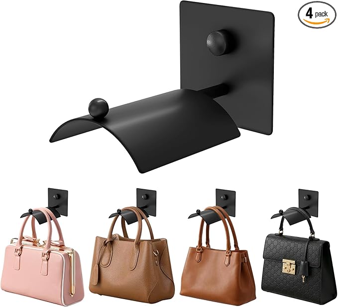 Wall Mounted Purse Organizer for Closet – Arc Handbag Holder Protects Handles & Saves Space, Adhesive or Screw Mount, Purse Hanger for Bedroom, Entryway, Office & Closet Storage / Organization, Black