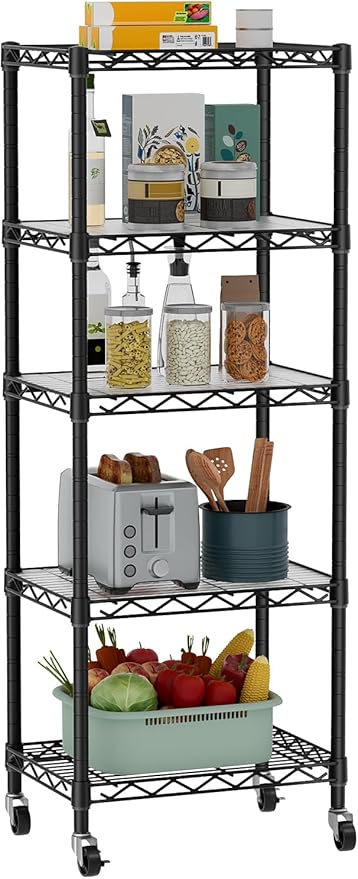 Golpart Small Shelves Storage Wire Metal Adjustable Shelf Unit with Wheels | 5 tier Shelving Organizers Storage Shelving for Bathroom Laundry Room Kitchen Pantry 11.7”D x 17.7”W x 57.2”H Black