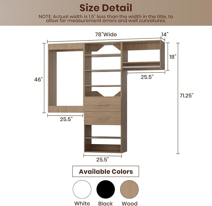 ROOMTEC Modular Closet System, 78" Wall Mounted Modern Closet Organizer with Hanging Rods and Drawers, Wooden Tower for Walk-In Closets, Wardrobe Storage Kit, Wood