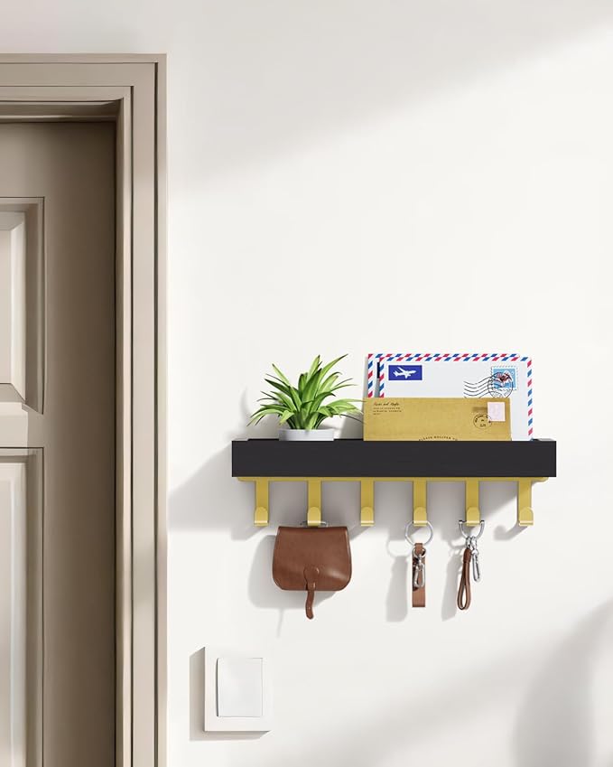 Key Holder Wall Mount Magnetic Adhesive - Key Hooks Rack with shelf | Key Hanger with Mail Organizer for RV Camper Fridge Living Room Decor, Home Essentials, Black Gold