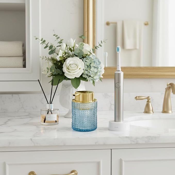 Foaming Soap Dispenser, 2pcs Blue Glass Foam Soap Dispenser with Gold Pump, Refillable 10oz Lotion Liquid Container Pump Bottle for Bathroom Kitchen Countertop