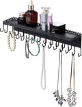 MyGift 15 Inch Wall Mounted Matte Black Metal Jewelry Organizer & Display Shelf with Vintage Lace Design, Hanging Perfume Storage and 26 Hook Necklace Hangers