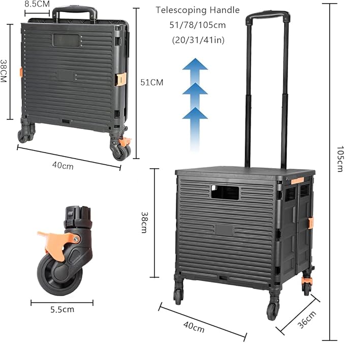 FELICON SELORSS Foldable Utility Cart Folding Portable Rolling Crate Handcart with Heavy Duty Telescoping Handle Collapsible 4 Rotate Wheels for Travel Shopping Move Luggage Office Use(Black+Black)