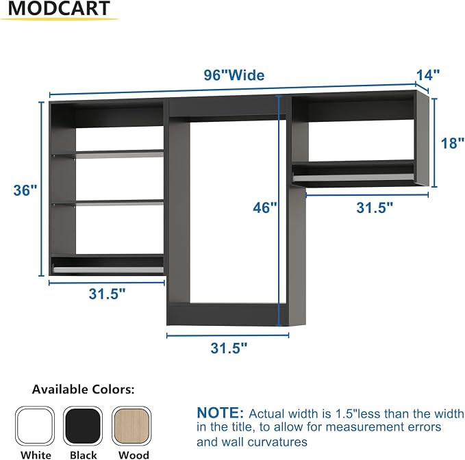 Modular Closet System, 96" Wide Closet Organizer System with Hanging Shelving , Wood Tower Closet Storage for Walk In Closets, Wall Mounted Wardrobe Organizer Kit System, Bedroom, Black