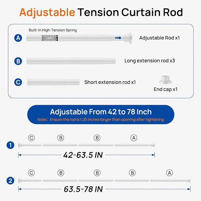 ALLZONE Adjustable Tension Curtain Rod, 2 Pack 42 to 78 Inches, Spring Loaded Curtain Rods No Drilling, Renter Friendly Tension Rod for Windows, Shower, Closet, No Drill, Non-Slip, White