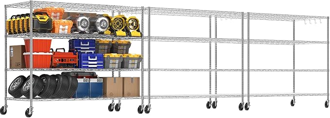 Chrome Storage Shelves with Wheels 55.5" W Garage Shelving Heavy Duty 4 Tier Adjustable Wire Shelving Unit Metal Shelving for Garage Pantry Commercial Basement,55.5" Wx24 Dx76 H 3Pack
