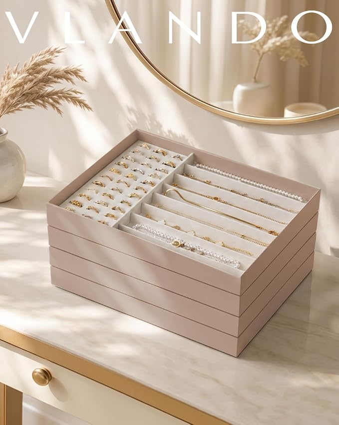 VLANDO Stackable Jewelry Tray, Drawer Organizer for Rings Necklaces,Toffee | Ring Slots, Long Sections, Vanity Storage for Necklaces, Earrings, Daily Jewelry, Gift for Women Girl