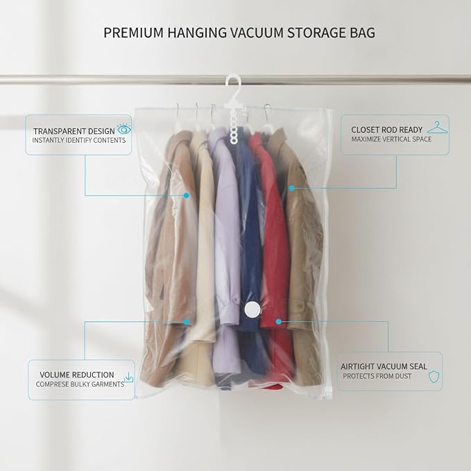 Hanging Vacuum Storage Bags for Closet, Clear Compression Garment Covers for Coats & Suits, Space Saving Organizer (1 Pack)