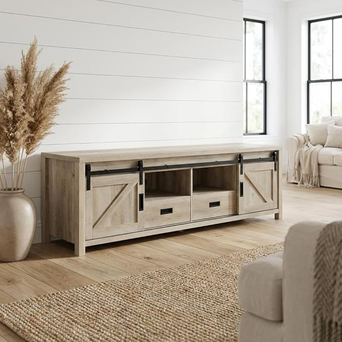 Furnifact Brown 2-Door TV Stand, Farmhouse Style, Engineered Wood, Distressed Pine Finish, Modern Design, Sturdy, Stylish for Living Room