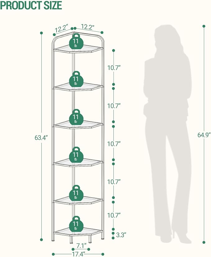 Hzuaneri Corner Shelf Stand, 6-Tier Glass Bookshelf Bookcase, Bathroom Organizer, Plant Stand, Steel Frame, Tempered Glass, Modern Style for Living Room, Bathroom, Kitchen, Black CS90600B