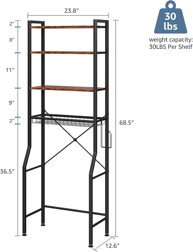DUMOS Over-The-Toilet Storage Rack, 4-Tier Bathroom Organizer with Basket | Freestanding Above Toilet Storage Cabinet with Adjustable Shelf, Space Saver Bathroom Cabinet with 3 Hooks for Rooms, Brown
